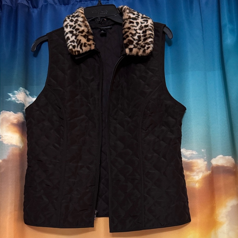 I.N. Studio Black Quilted Vest with Animal Print Collar